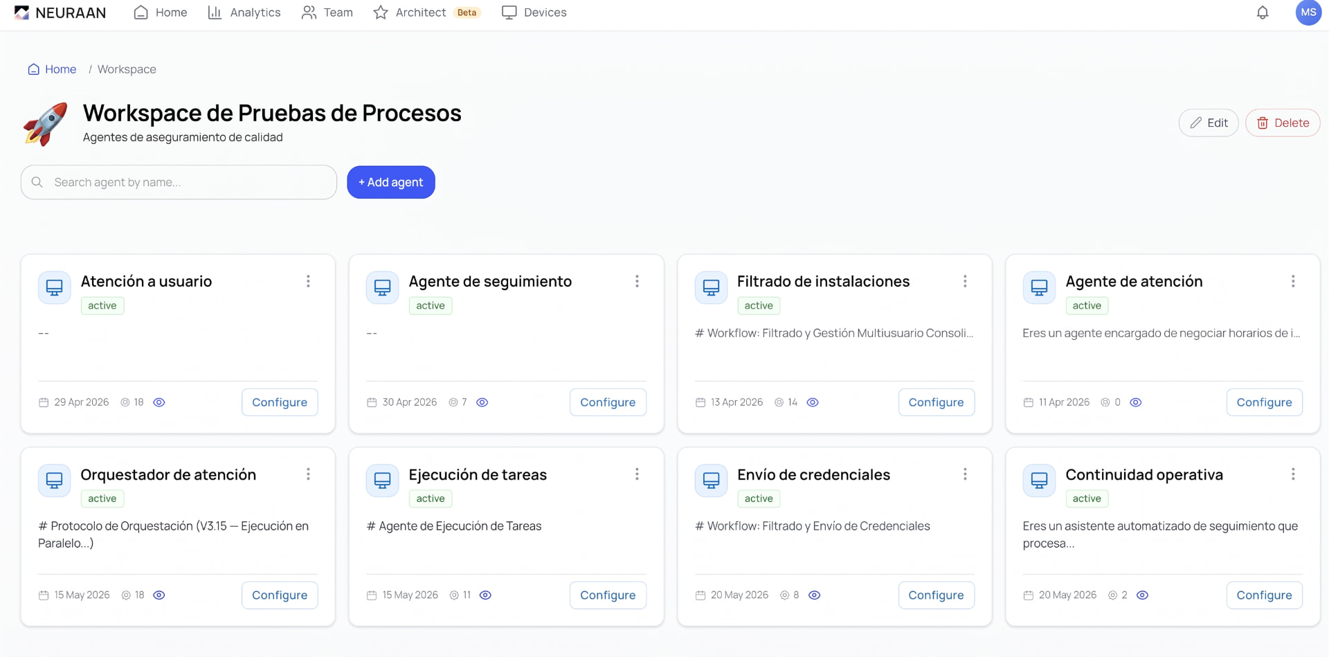 Workspace de Neuraan: cuatro agentes de un mismo proceso, uno por etapa, en una sola fila.